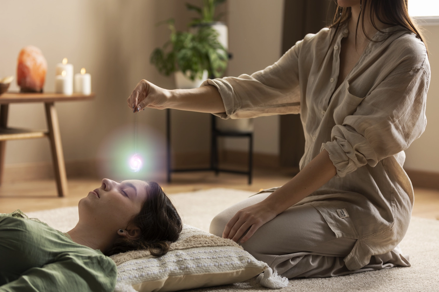 Ines Facius - Reiki - Lebensberatung - Frau lässt ein Pendel meditativ über einer anderen Frau schweben